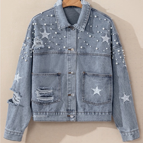 Sky Blue Distressed Pearls Star Cropped
Denim Jacket - Picture 6 of 15